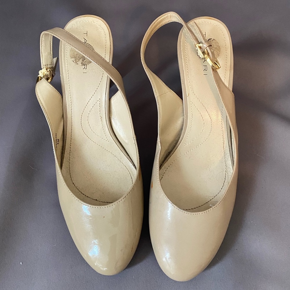 Tahari Nude Patent Leather Sling Back Pumps